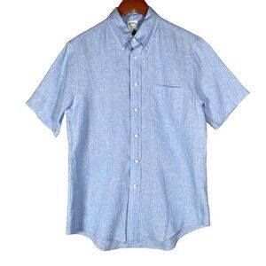 BROOKS BROTHERS Irish Linen Shirt Mens M Regent Blue Short Sleeve Button Down